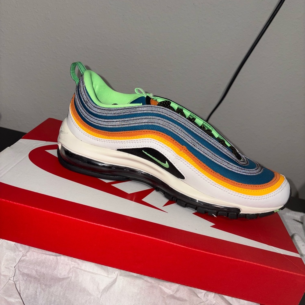 Nike Air Max 97 in Green, Blue, Orange, and White